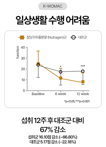 K-WOMAC 일상생활 수행 어려움: 섭취 12주 후 대조군 대비 67% 감소. 섭취군 16.10점 감소(-66.80%), 대조군 5.17점 감소(-22.18%)