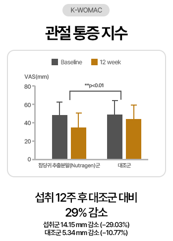 K-WOMAC 관절 통증 지수: 섭취 12주 후 대조군 대비 29% 감소. 섭취군 14.15 mm 감소(-29.03%), 대조군 5.34 mm 감소(-10.77%)